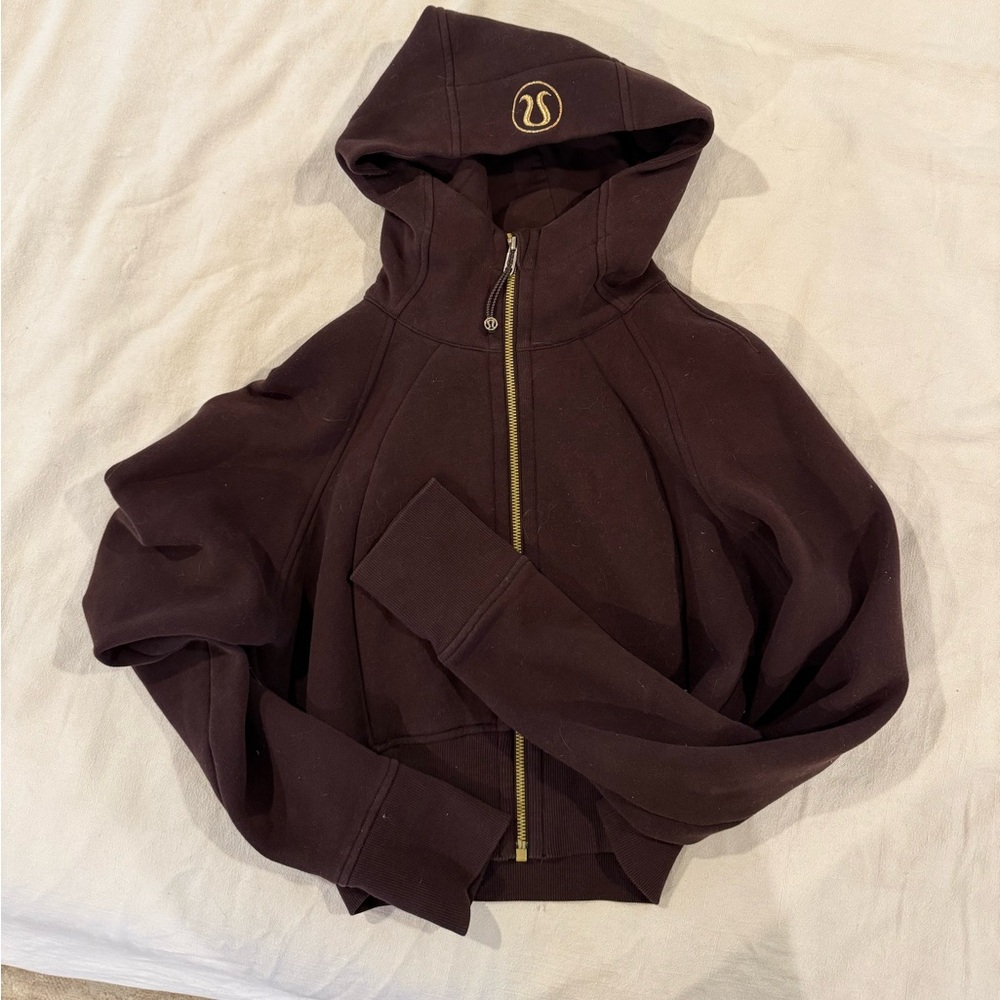 Lulu Lemon Cropped Full Zip Scuba Brown Hoodie with Gold Zipper